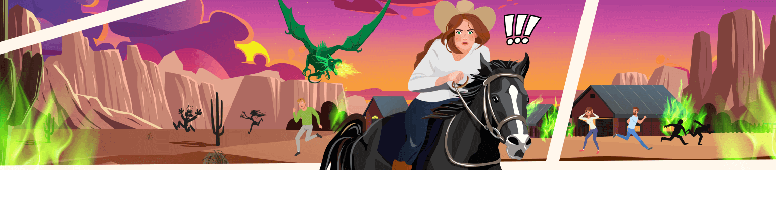 The Wild Adventures of Red Stag: Serpent Strike Cowgirl riding a horse, running away from a flames thowing green dragon