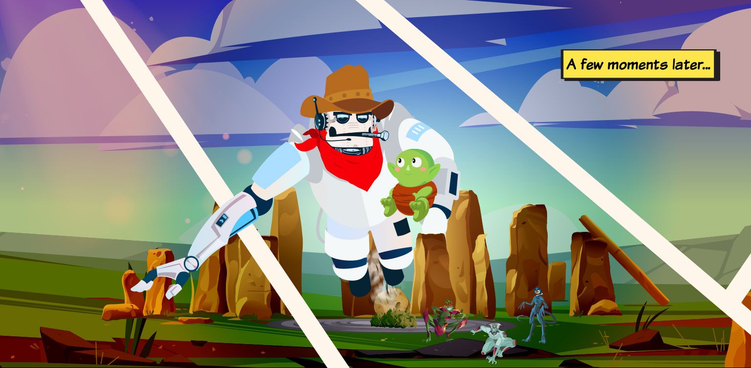 The wild adventured of Red Stag: Baby Goblin Robot carrying a baby goblin