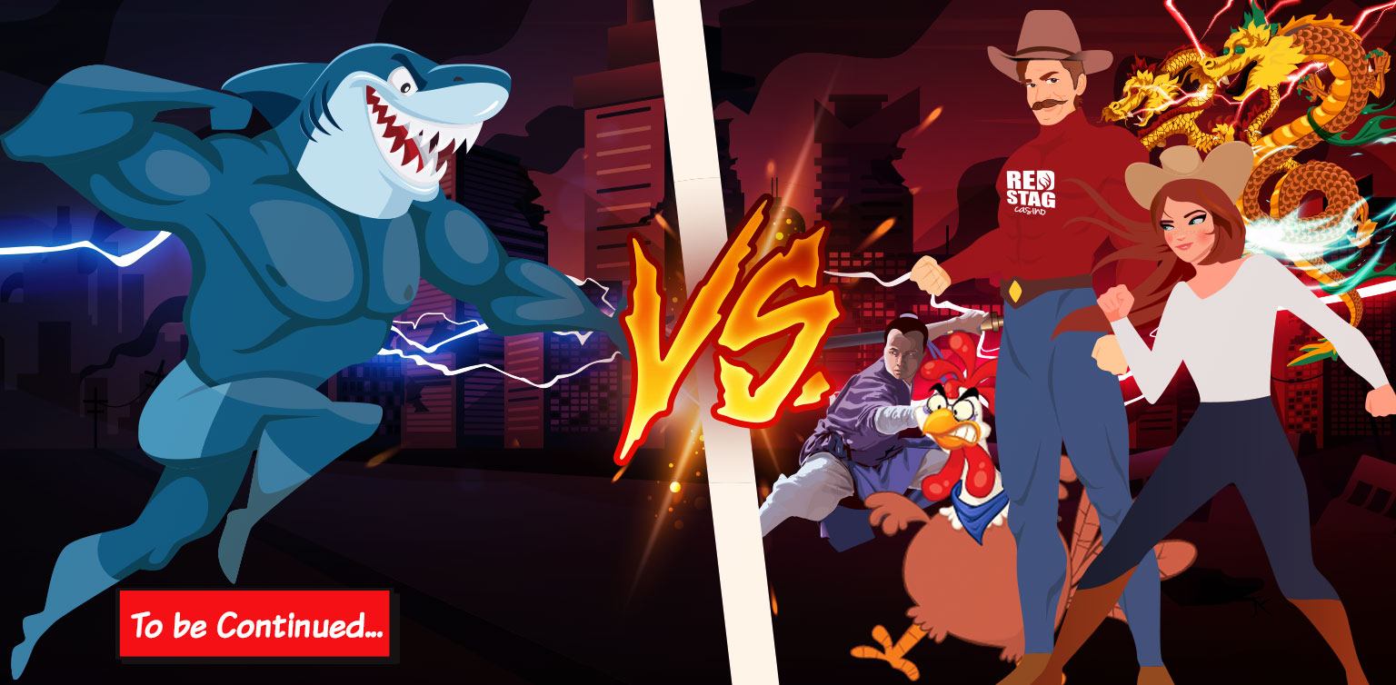 The Wild Adventures of Red Stag Animated humanoid shark fighting against two cowboys, a chicken, a samurai and two dragons