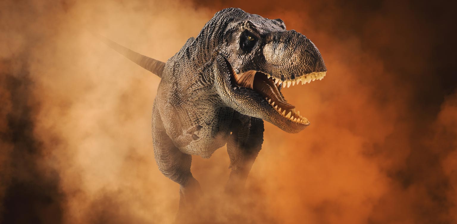 An illustration of a Tyrannosaurus Rex on a smoky red background